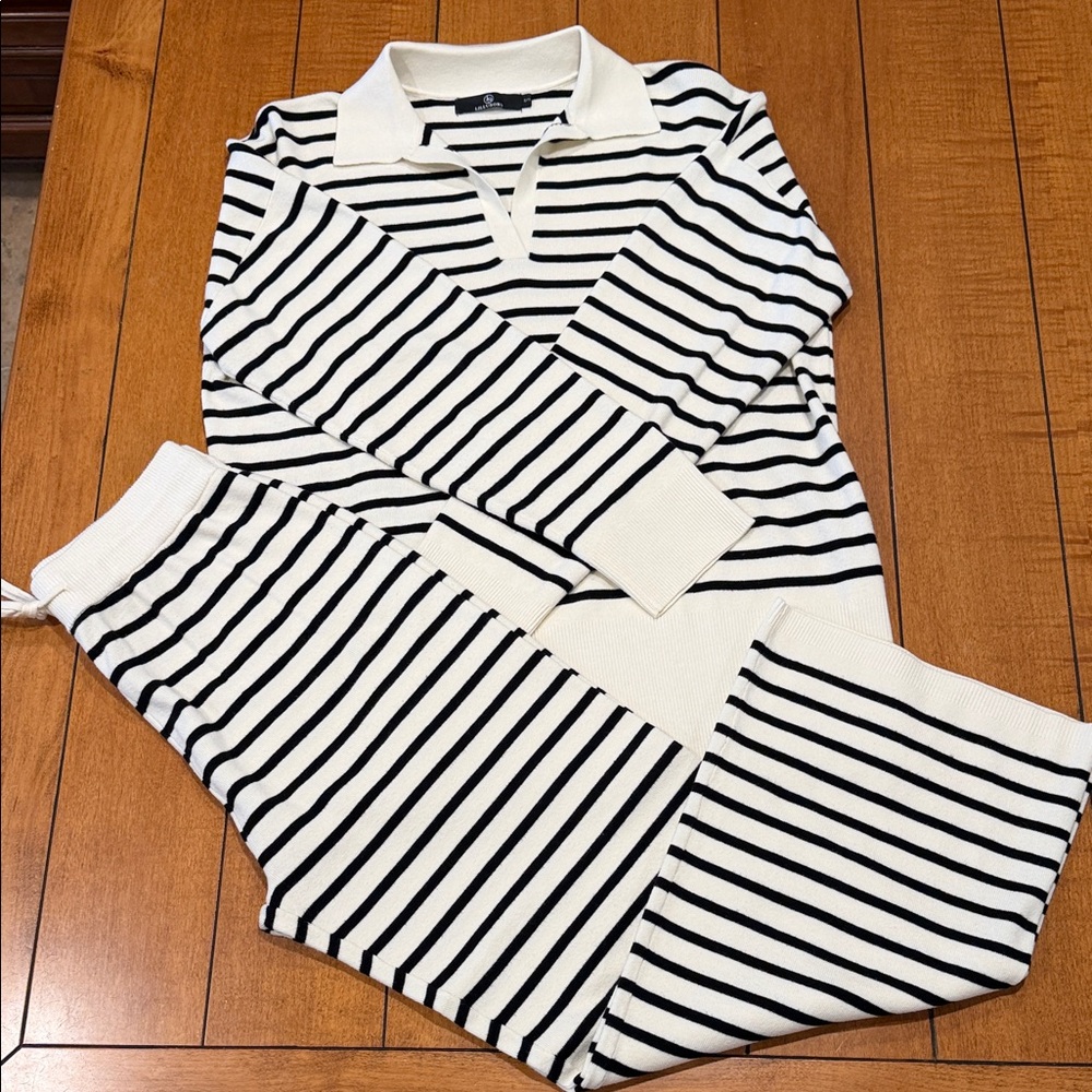 Two piece sweater set. Cream and black stripes.